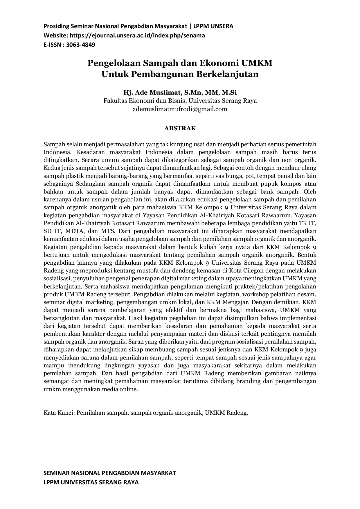 JURIS Pengelolaan Sampah dan Ekonomi UMKM Untuk Pembangunan Berkelanjutan