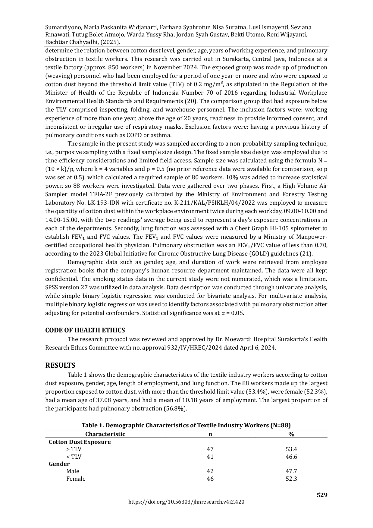 JURIS Risk Factors of Pulmonary Obstruction Among Textile Industry Workers