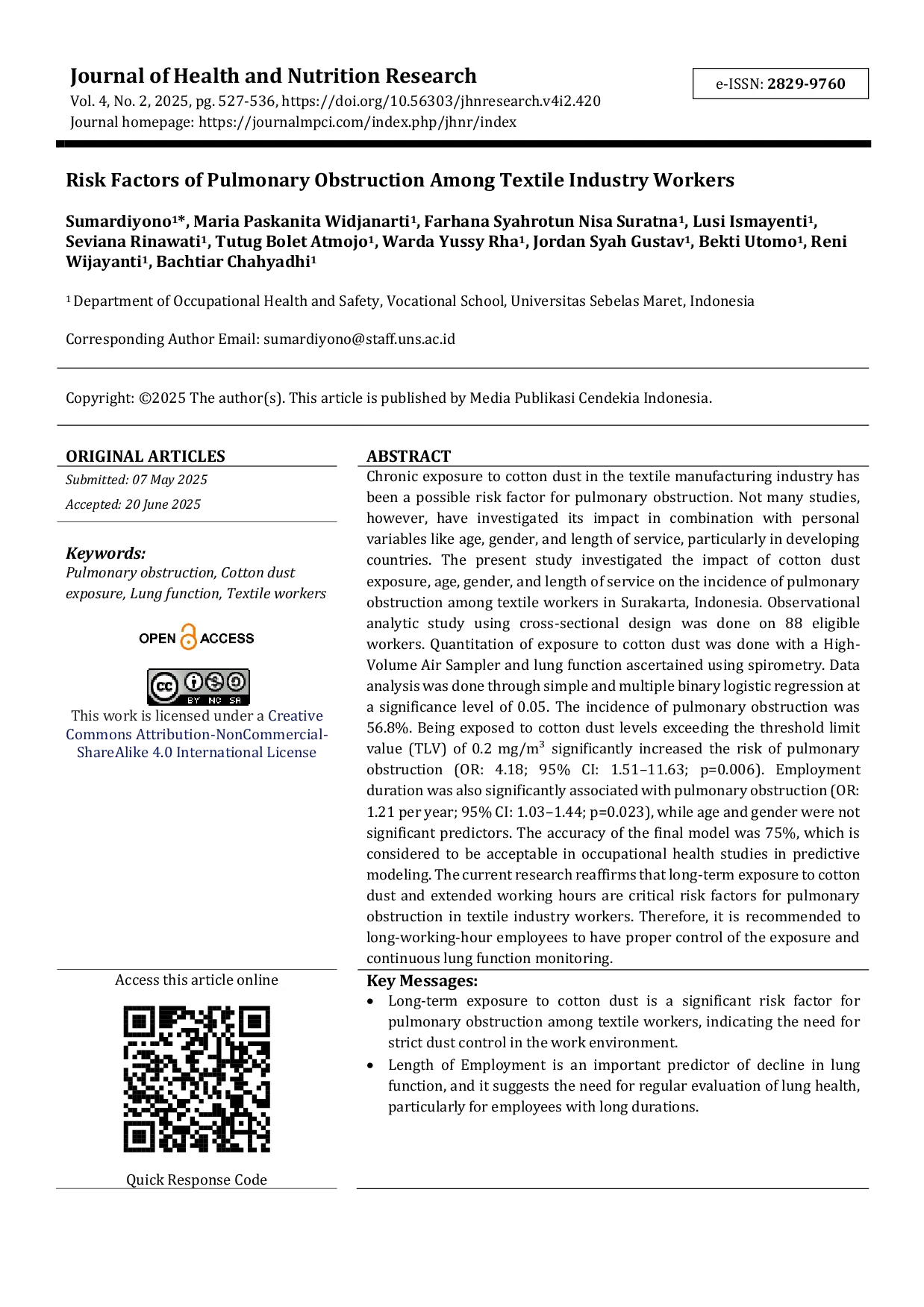 JURIS Risk Factors of Pulmonary Obstruction Among Textile Industry Workers