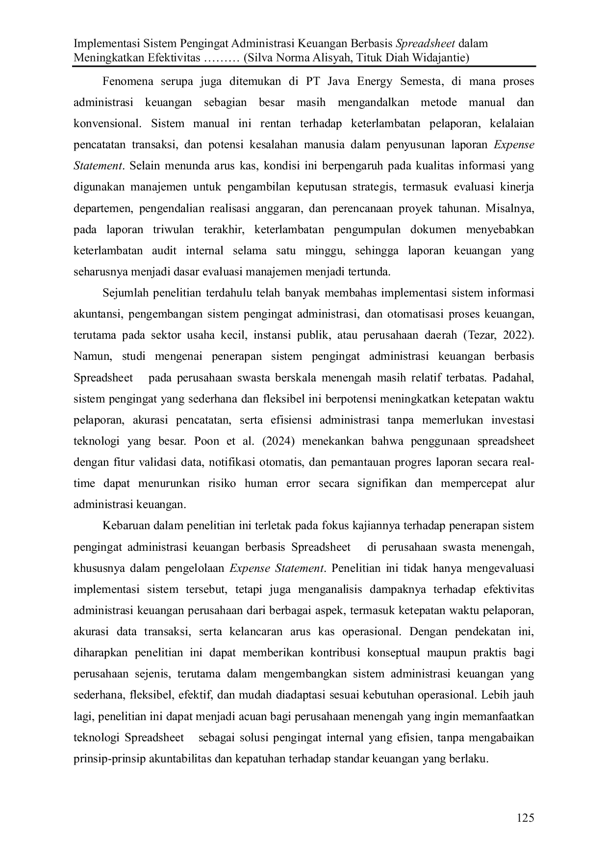 JURIS Implementasi Sistem Pengingat Administrasi Keuangan Berbasis Spreadsheet dalam Meningkatkan Efektivitas Administrasi Keuangan Studi Kasus di PT Java Energy Semesta