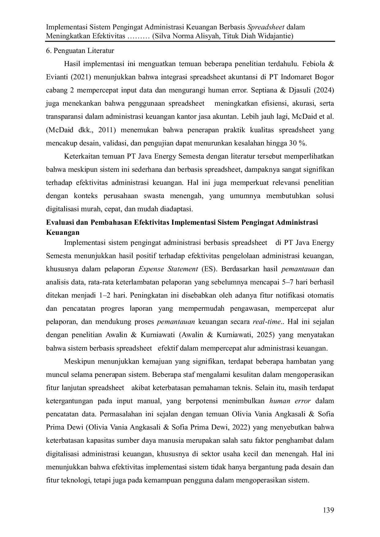 JURIS Implementasi Sistem Pengingat Administrasi Keuangan Berbasis Spreadsheet dalam Meningkatkan Efektivitas Administrasi Keuangan Studi Kasus di PT Java Energy Semesta
