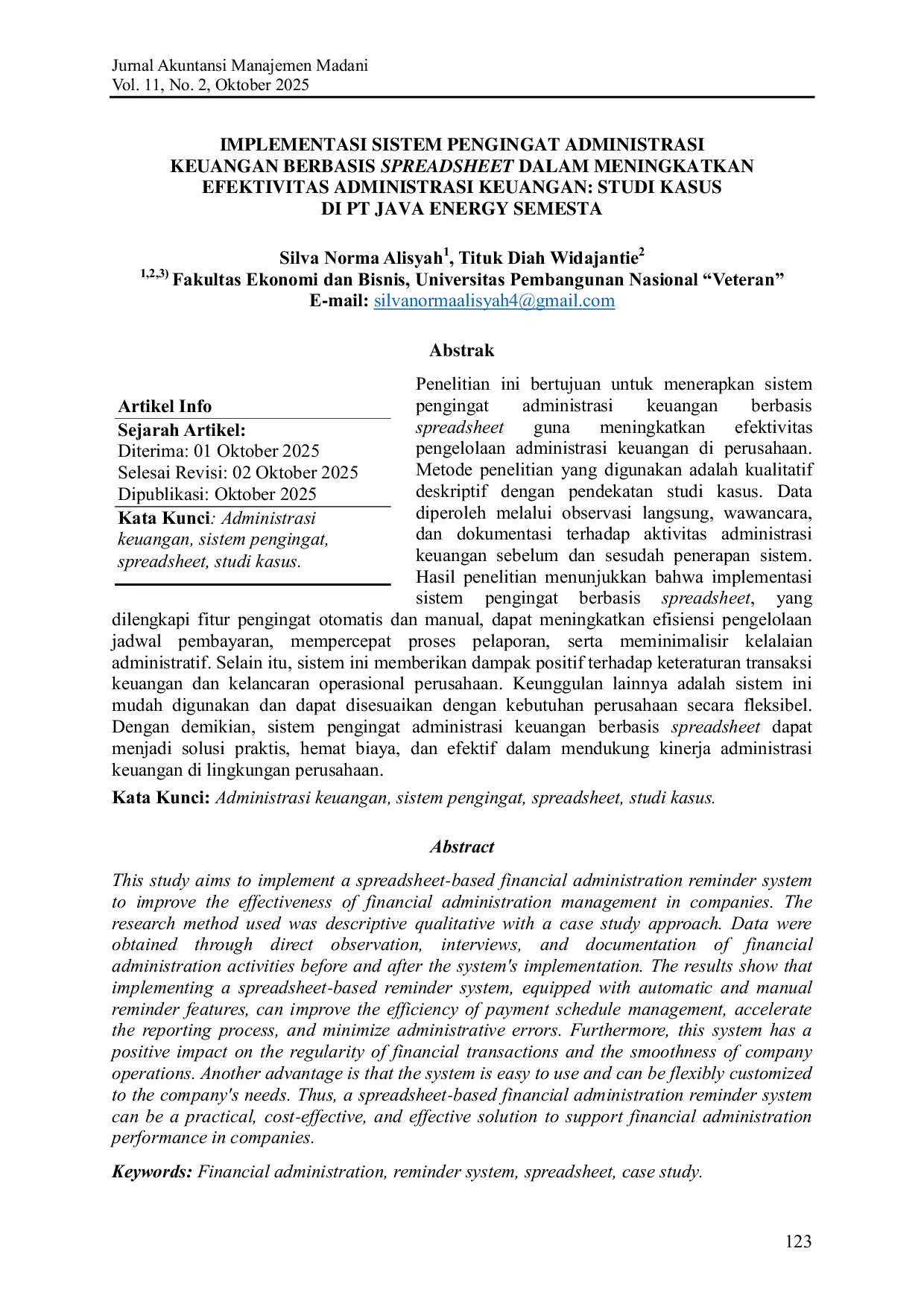 JURIS Implementasi Sistem Pengingat Administrasi Keuangan Berbasis Spreadsheet dalam Meningkatkan Efektivitas Administrasi Keuangan Studi Kasus di PT Java Energy Semesta