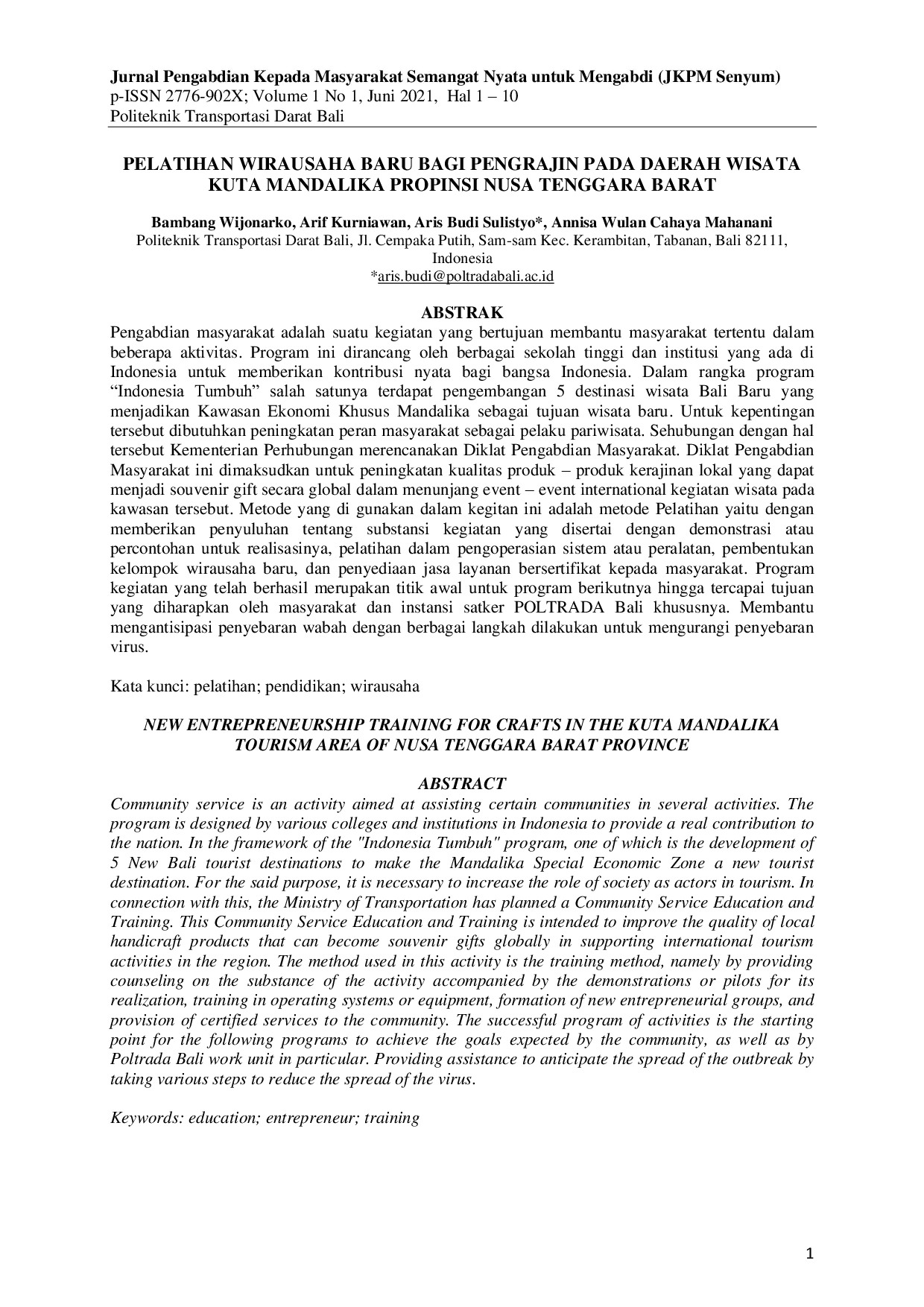 JURIS Pelatihan Wirausaha Baru bagi Pengrajin pada Daerah Wisata Kuta Mandalika Propinsi Nusa Tenggara Barat