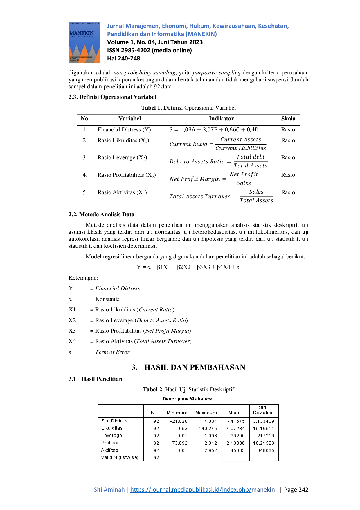 JURIS Pengaruh Rasio Keuangan Terhadap Financial Distress Pada Masa Pandemi Covid 19 Tahun 2018 2021