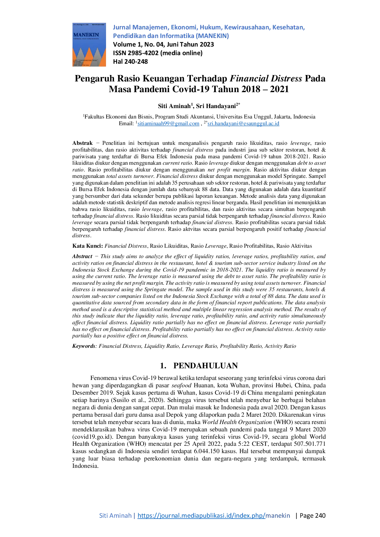 JURIS Pengaruh Rasio Keuangan Terhadap Financial Distress Pada Masa Pandemi Covid 19 Tahun 2018 2021