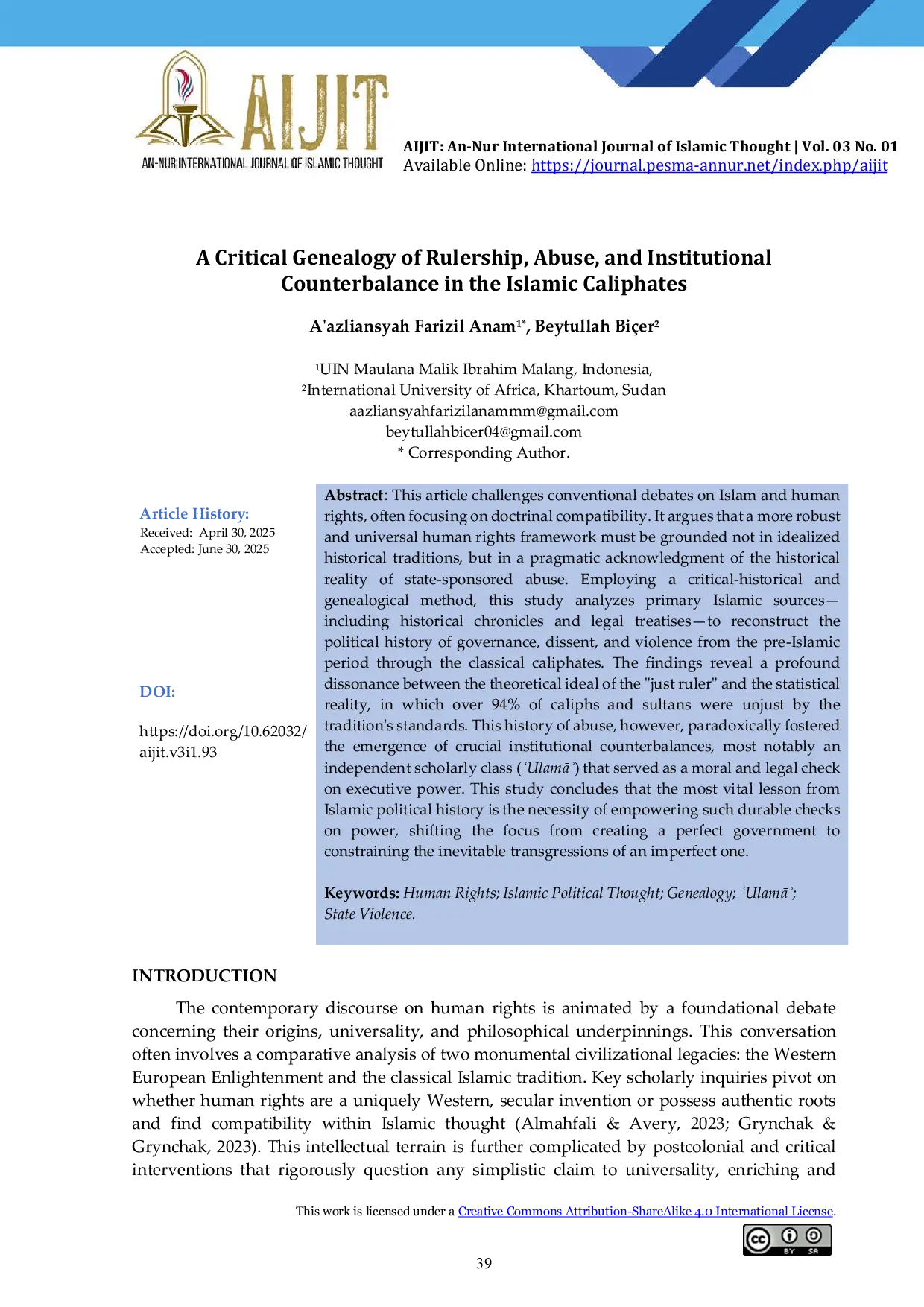 JURIS A Critical Genealogy of Rulership Abuse and Institutional Counterbalance in the Islamic Caliphates