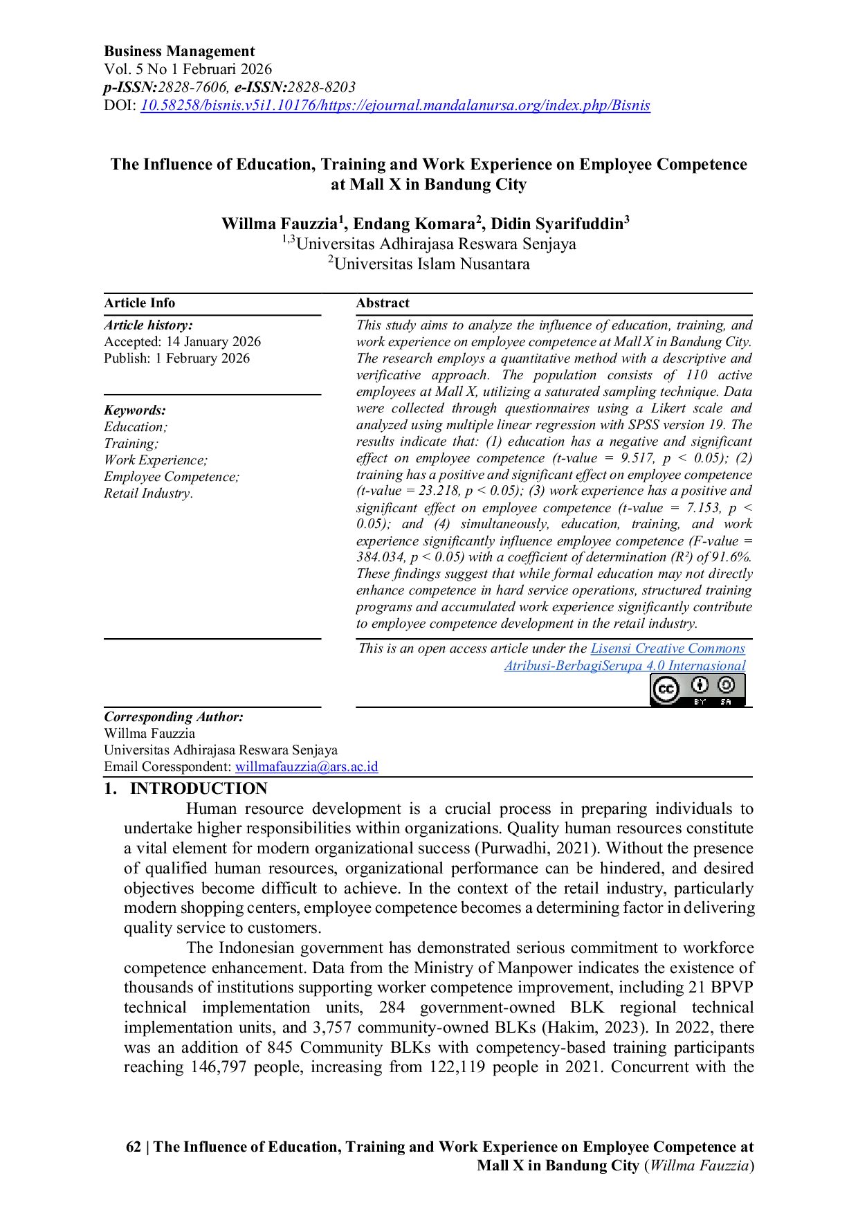 JURIS The Influence of Education Training and Work Experience on Employee Competence at Mall X in Bandung City