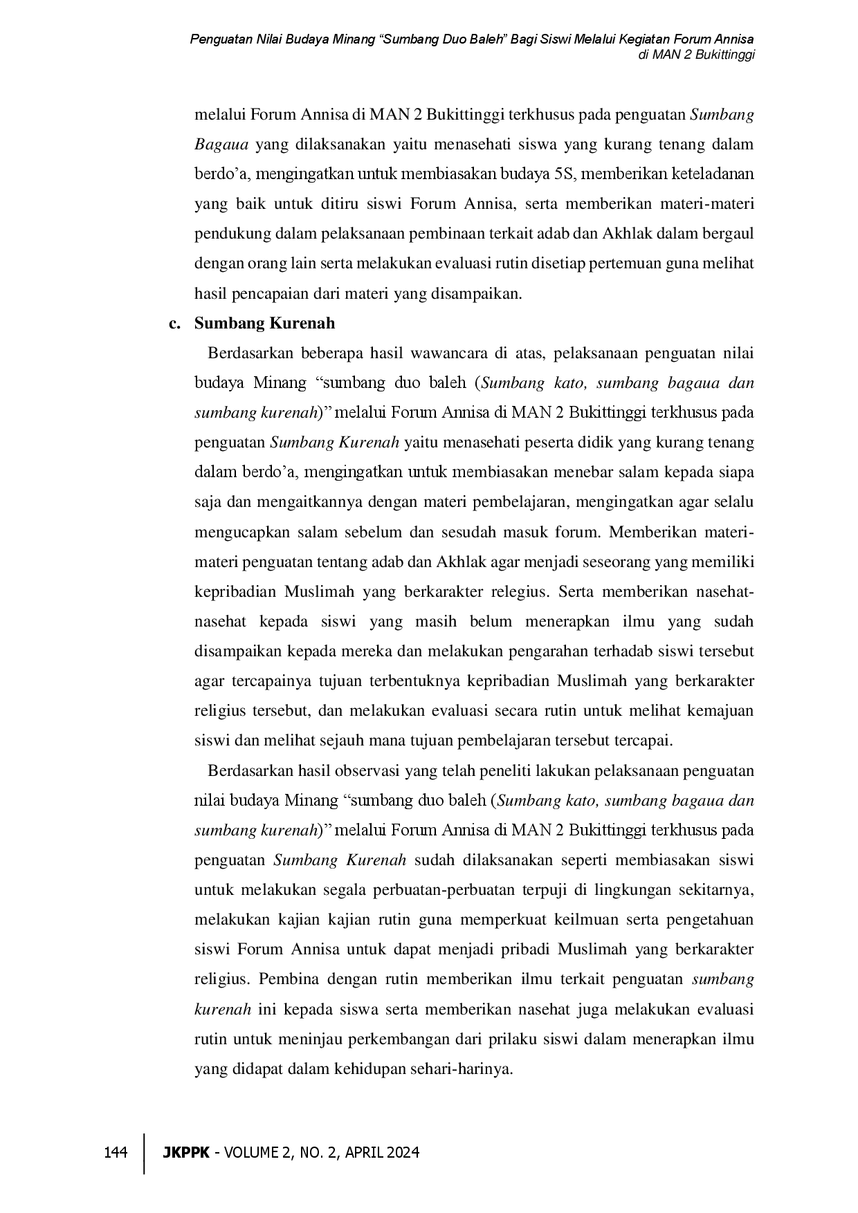 juris Penguatan Nilai Budaya Minang Sumbang Duo Baleh Bagi Siswi Melalui Kegiatan Forum Annisa di MAN 2 Bukittinggi