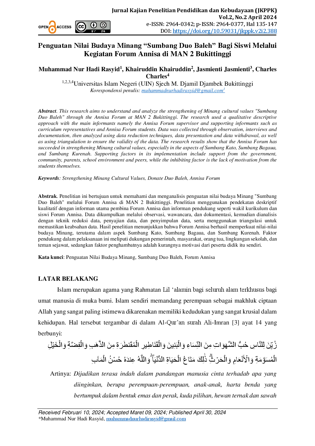 juris Penguatan Nilai Budaya Minang Sumbang Duo Baleh Bagi Siswi Melalui Kegiatan Forum Annisa di MAN 2 Bukittinggi