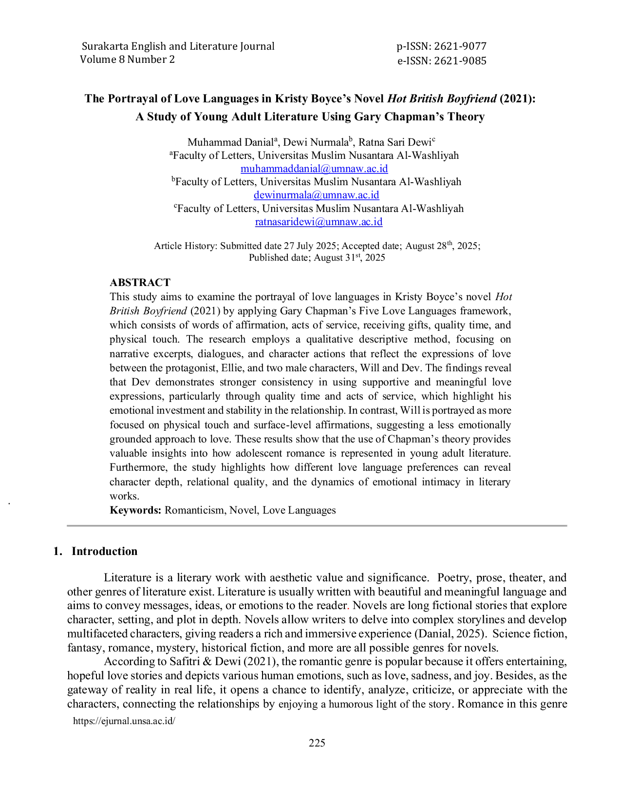 JURIS The Portrayal of Love Languages in Kristy Boyce s Novel Hot British Boyfriend 2021 A Study of Young Adult Literature Using Gary Chapman s Theory