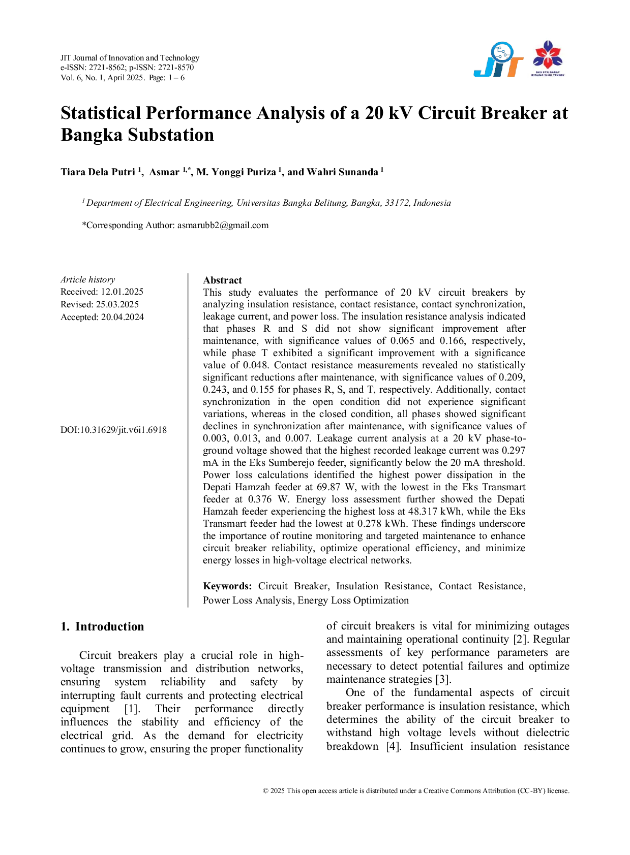JURIS Statistical Performance Analysis of a 20 kV Circuit Breaker at Bangka Substation