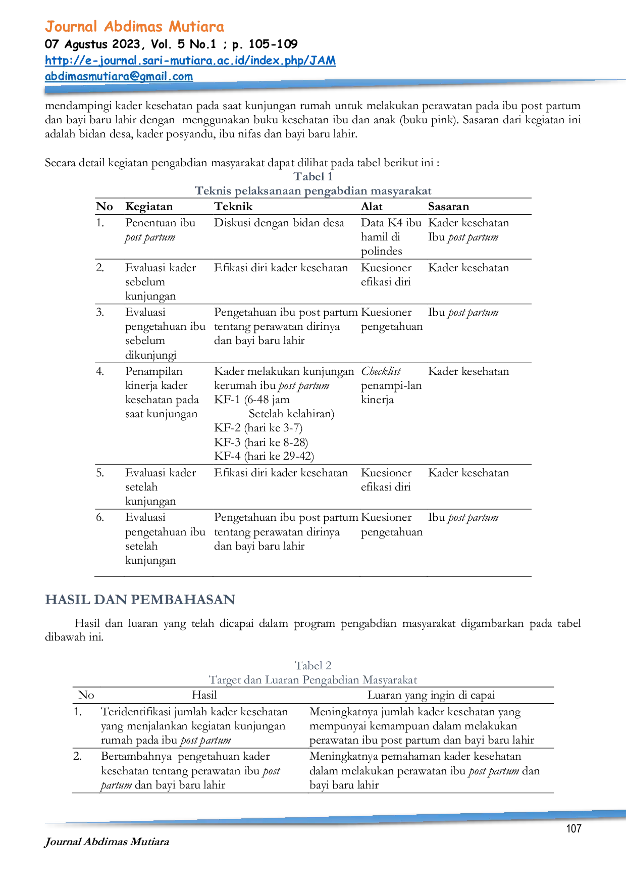 JURIS Pendampingan Kader Posyandu Dalam Perawatan Ibu Post Partum Dan Bayi Baru Lahir