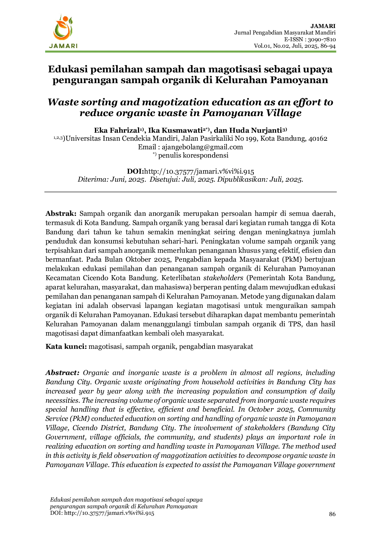 JURIS Edukasi Pemilahan Sampah Dan Magotisasi Sebagai Upaya Pengurangan Sampah Organik Di Kelurahan Pamoyanan