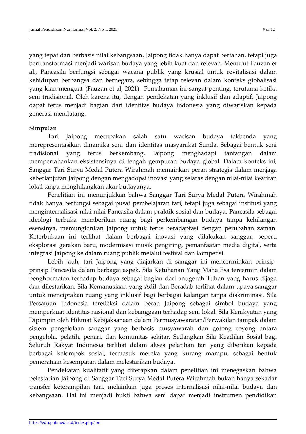 JURIS Tari Jaipong di Sanggar Tari Surya Medal Putera Wirahma Sebagai Warisan Budaya Dalam Bingkai Pancasila