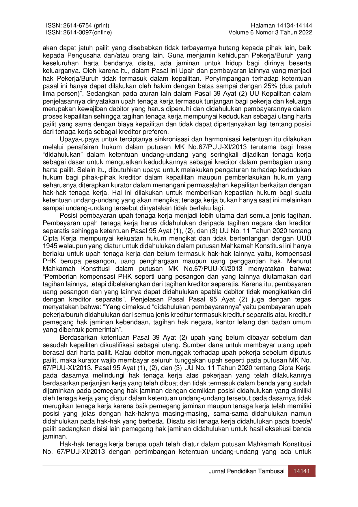 JURIS Perlindungan Hukum Bagi Hak Hak Tenaga Kerja Atas Hutang Harta Pailit