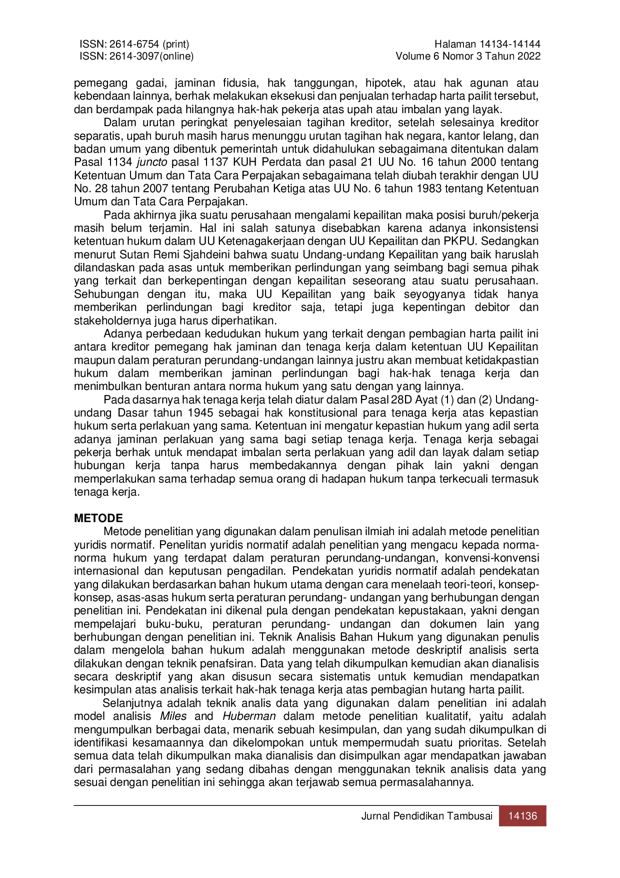 JURIS Perlindungan Hukum Bagi Hak Hak Tenaga Kerja Atas Hutang Harta Pailit