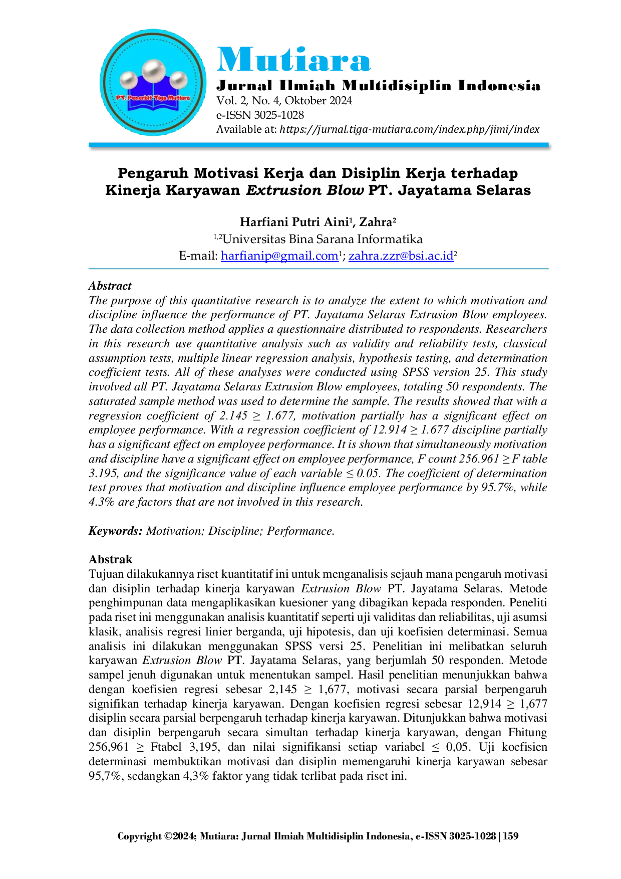 JURIS Pengaruh Motivasi Kerja dan Disiplin Kerja terhadap Kinerja Karyawan Extrusion Blow PT Jayatama Selaras