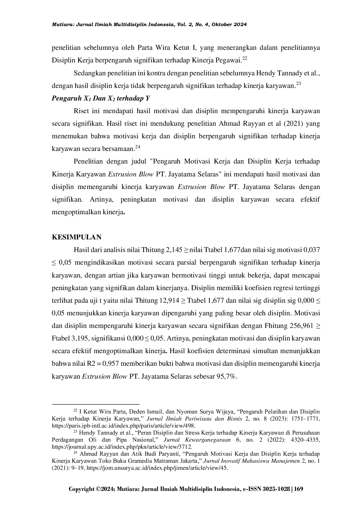 JURIS Pengaruh Motivasi Kerja dan Disiplin Kerja terhadap Kinerja Karyawan Extrusion Blow PT Jayatama Selaras