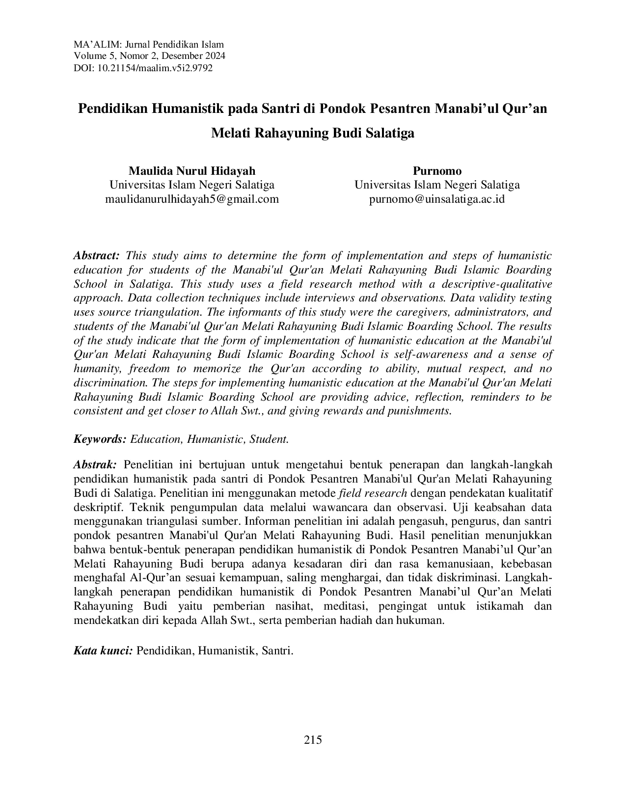 JURIS Implementasi Pendidikan Humanistik Pada Santri Di Pondok Pesantren Manabi ul Qur an Melati Rahayuning Budi Salatiga