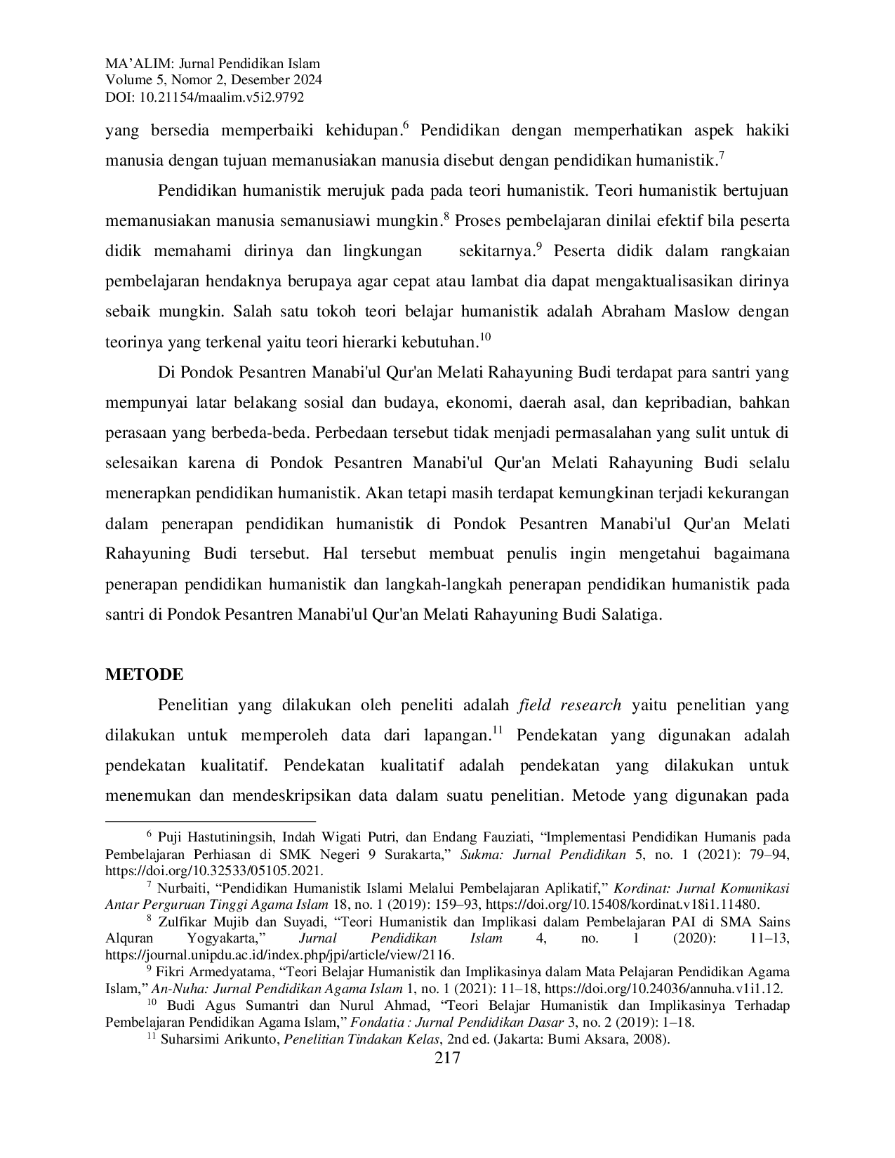 JURIS Implementasi Pendidikan Humanistik Pada Santri Di Pondok Pesantren Manabi ul Qur an Melati Rahayuning Budi Salatiga