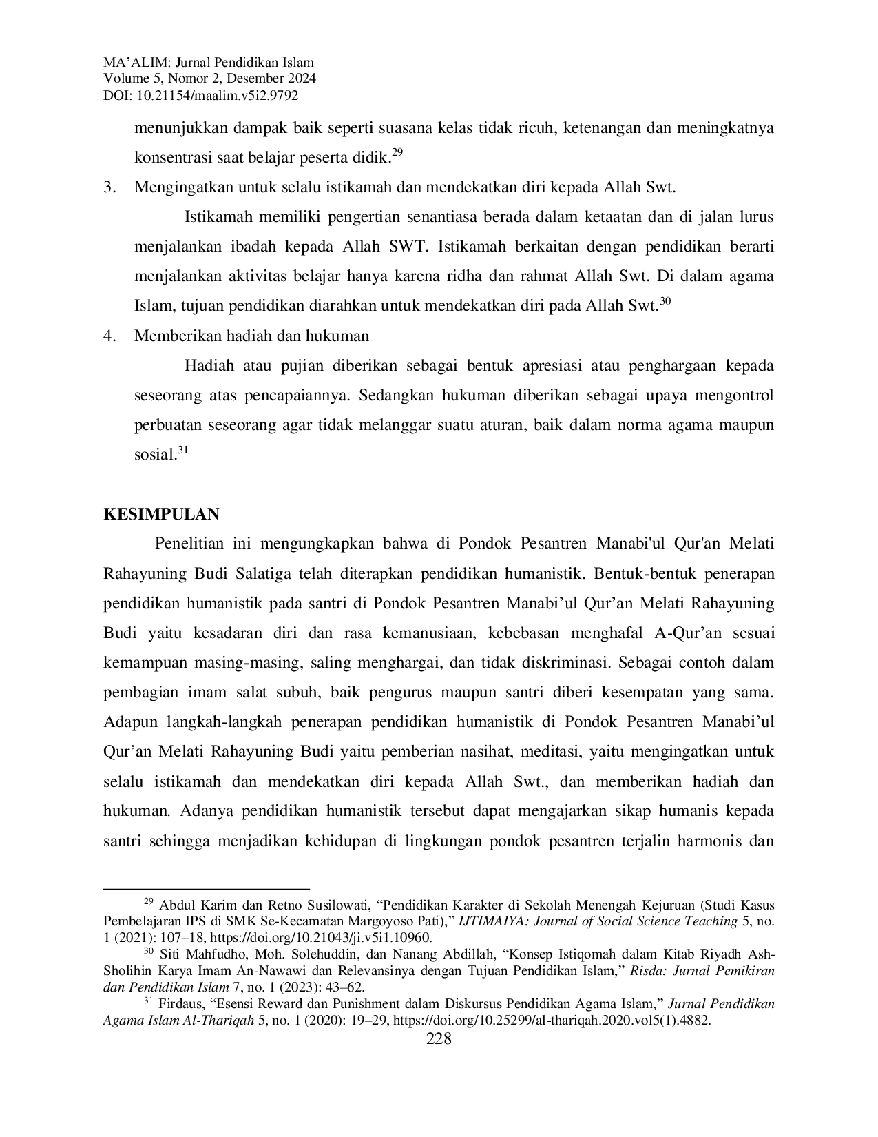 JURIS Implementasi Pendidikan Humanistik Pada Santri Di Pondok Pesantren Manabi ul Qur an Melati Rahayuning Budi Salatiga