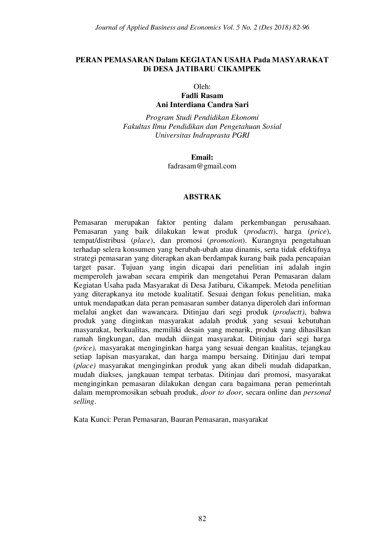 JURIS Peran Pemasaran dalam Kegiatan Usaha pada Masyarakat di Desa Jatibaru Cikampek