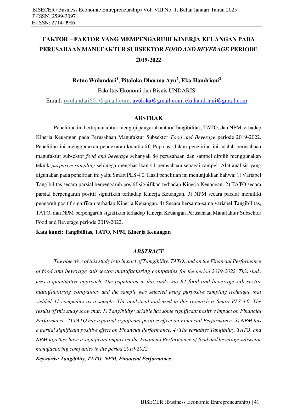 JURIS Faktor Faktor Yang Mempengaruhi Kinerja Keuangan Pada Perusahaan Manufaktur Subsektor Food And Beverage Periode 2019 2022