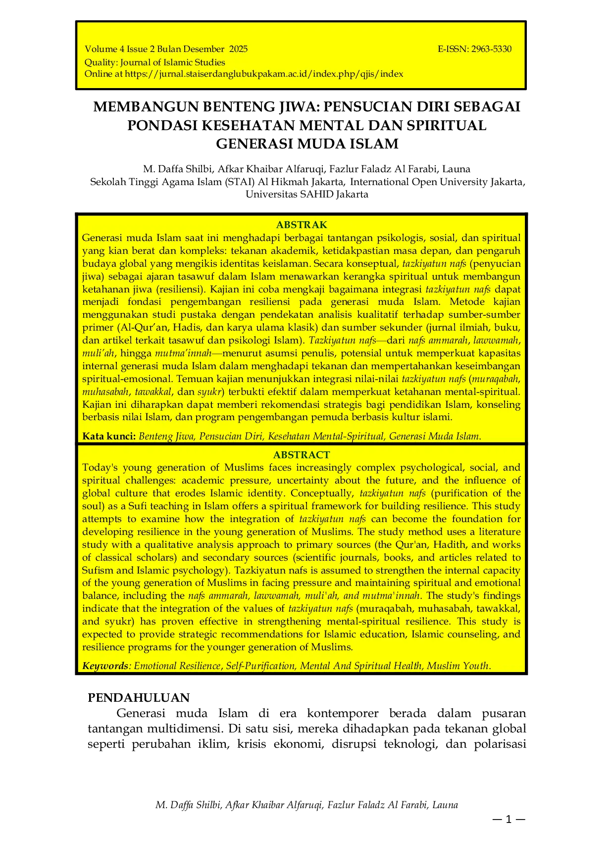 JURIS Membangun Benteng Jiwa Pensucian Diri Sebagai Pondasi Kesehatan Mental Dan Spiritual Generasi Muda Islam
