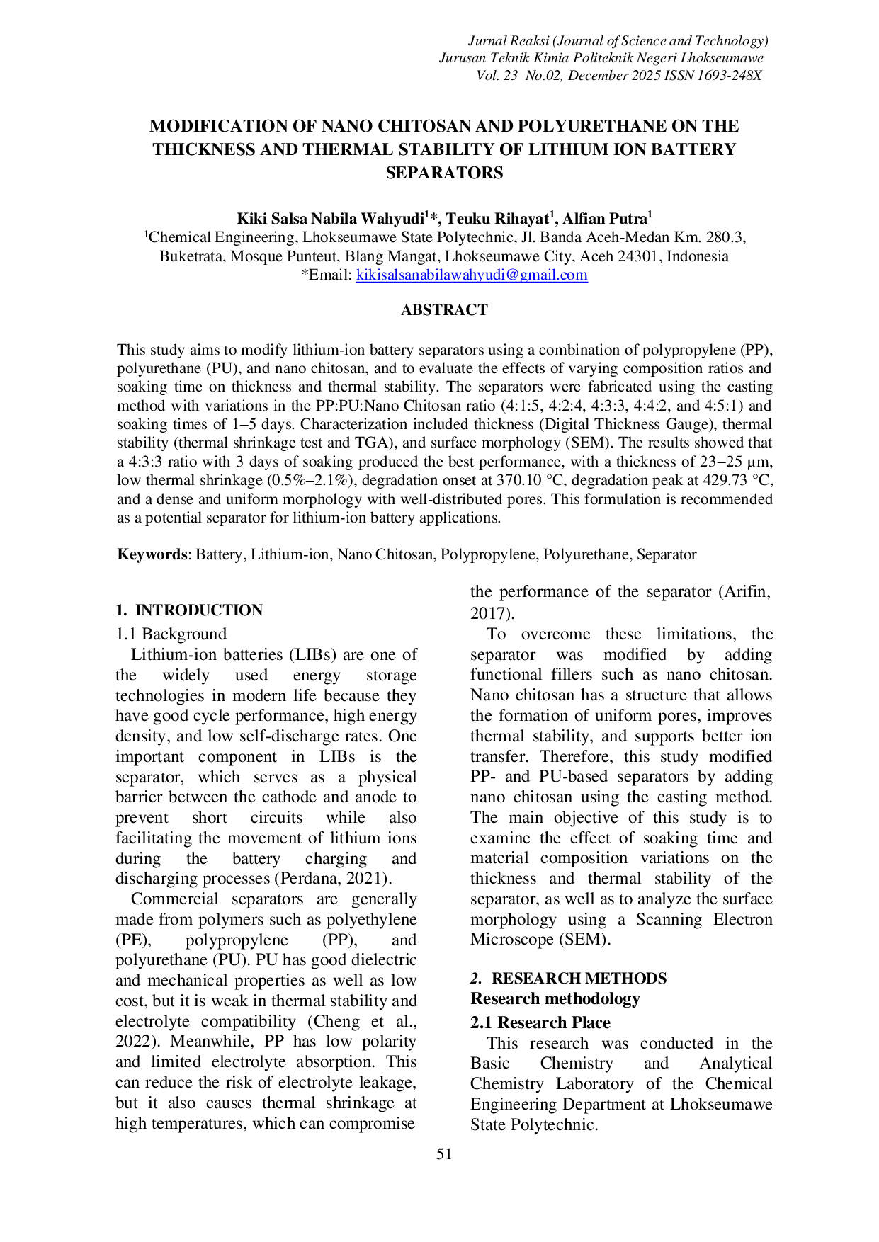 JURIS Modification of Nano Chitosan and Polyurethane on the Thickness and Thermal Stability of Lithium Ion Battery Separators
