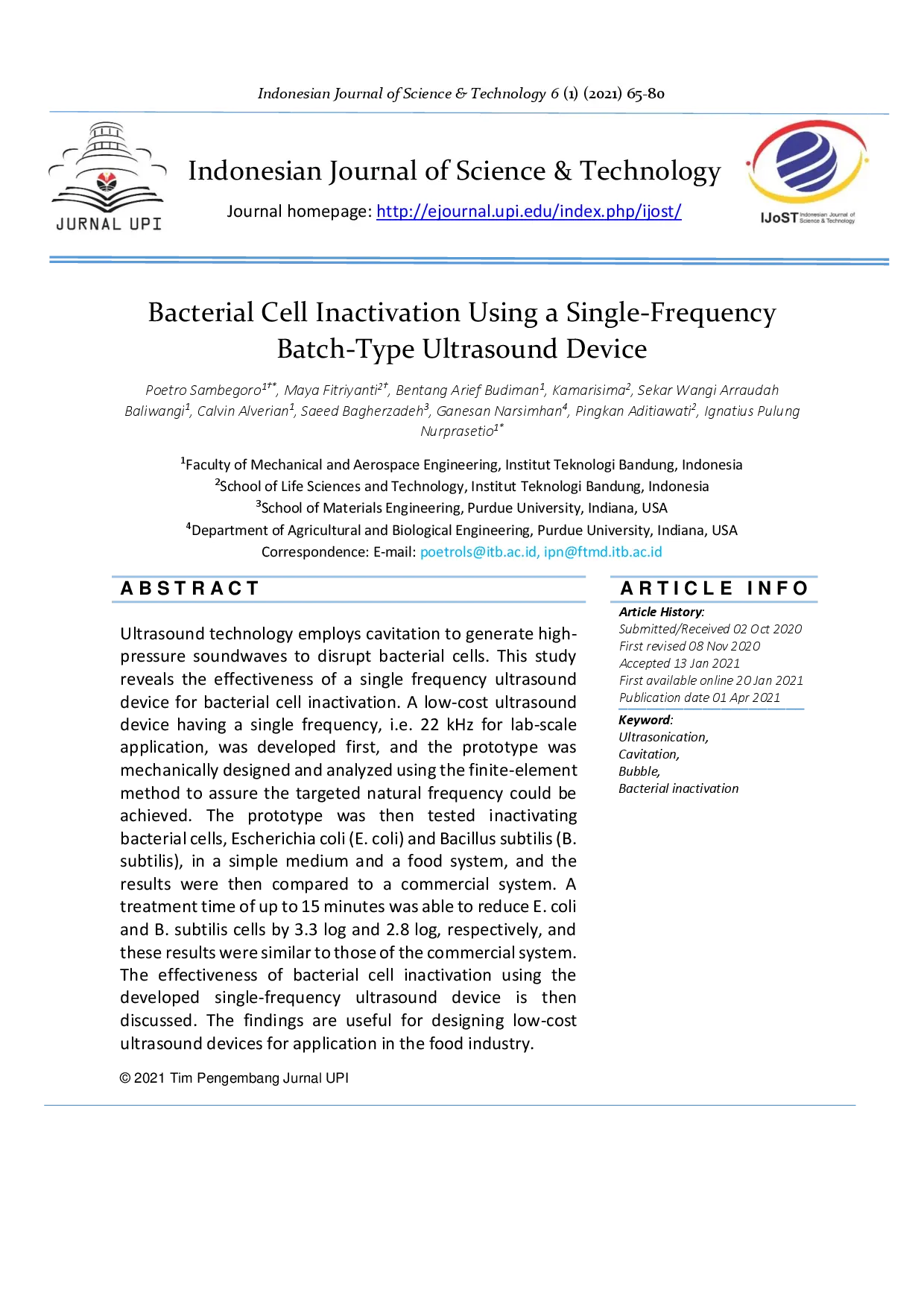 juris Bacterial Cell Inactivation Using a Single Frequency Batch Type Ultrasound Device