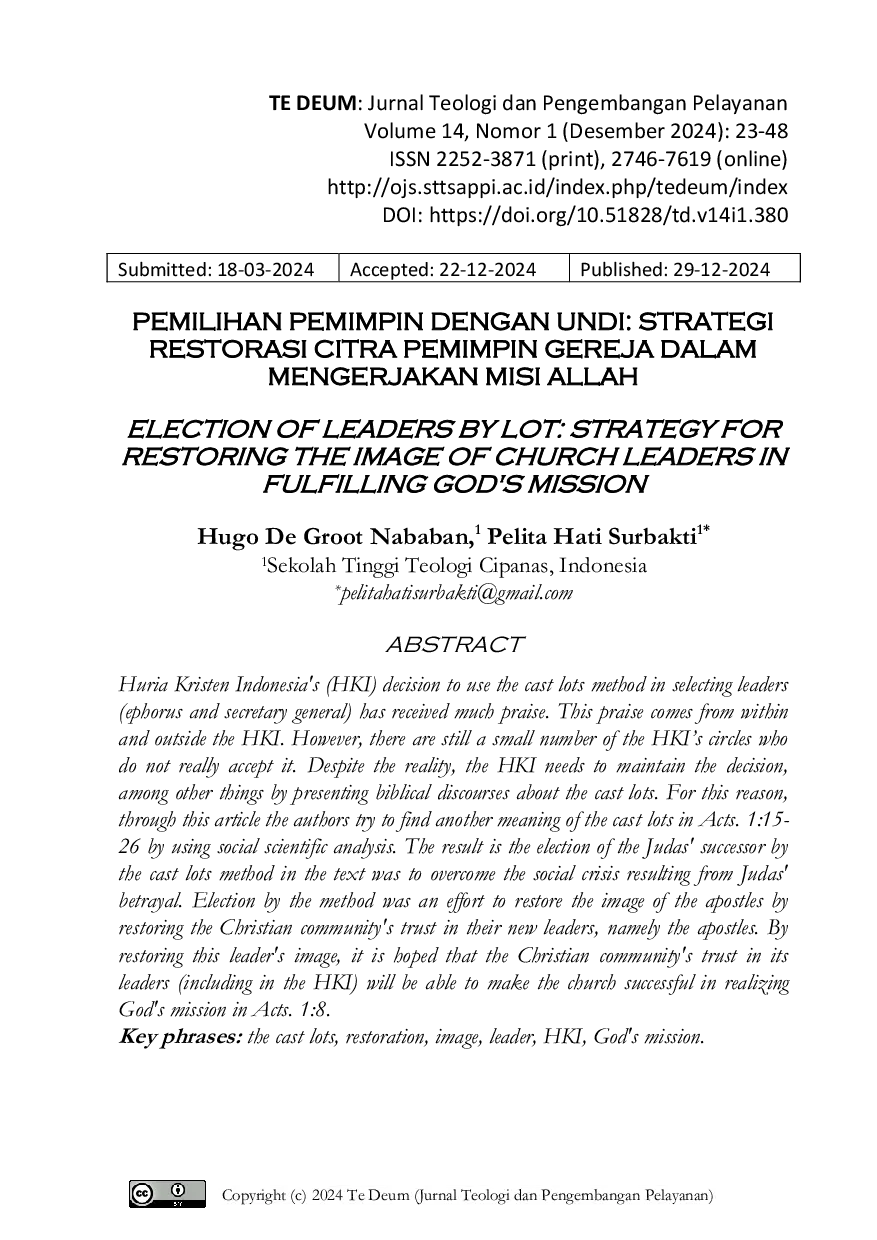 JURIS Pemilihan Pemimpin Dengan Undi Strategi Restorasi Citra Pemimpin Gereja Dalam Mengerjakan Misi Allah