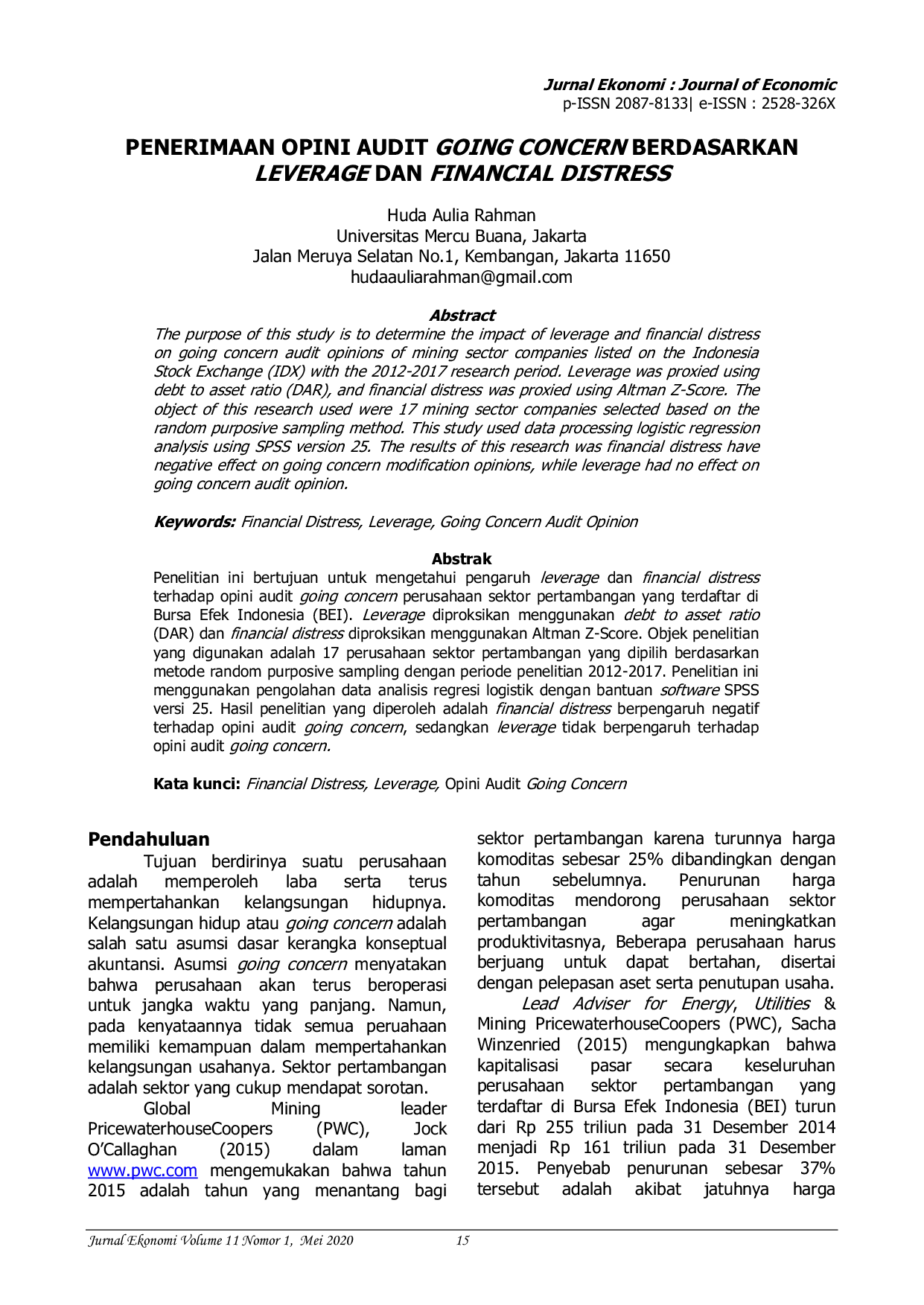 JURIS Penerimaan Opini Audit Going Concern Berdasarkan Leverage dan Financial Distress