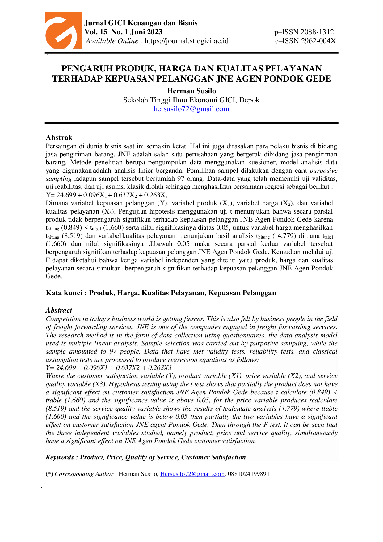 JURIS Pengaruh Produk Harga Dan Kualitas Pelayanan Terhadap Kepuasan Pelanggan Jne Agen Pondok Gede