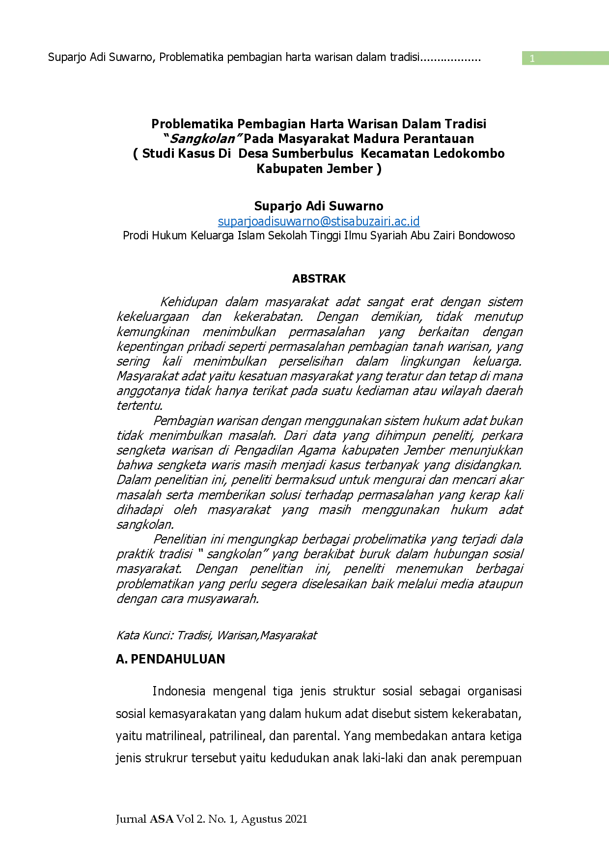 juris PROBLEMATIKA PEMBAGIAN HARTA WARISAN DALAM TRADISI SANGKOLAN PADA MASYARAKAT MADURA PERANTAUAN Studi Kasus Di Desa Sumberbulus Kecamatan Ledokombo Kabupaten Jember