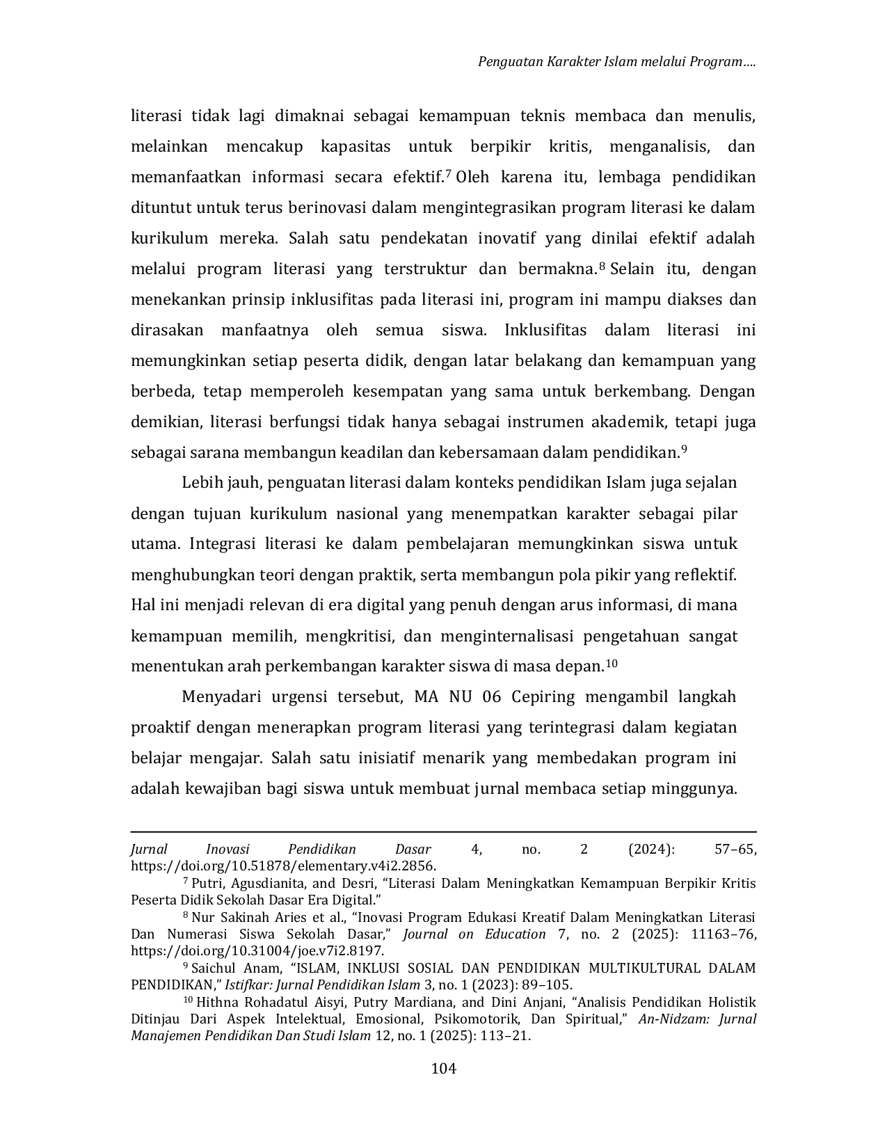 JURIS Penguatan Karakter Islam melalui Program Jurnal Membaca di MA NU 06 Cepiring