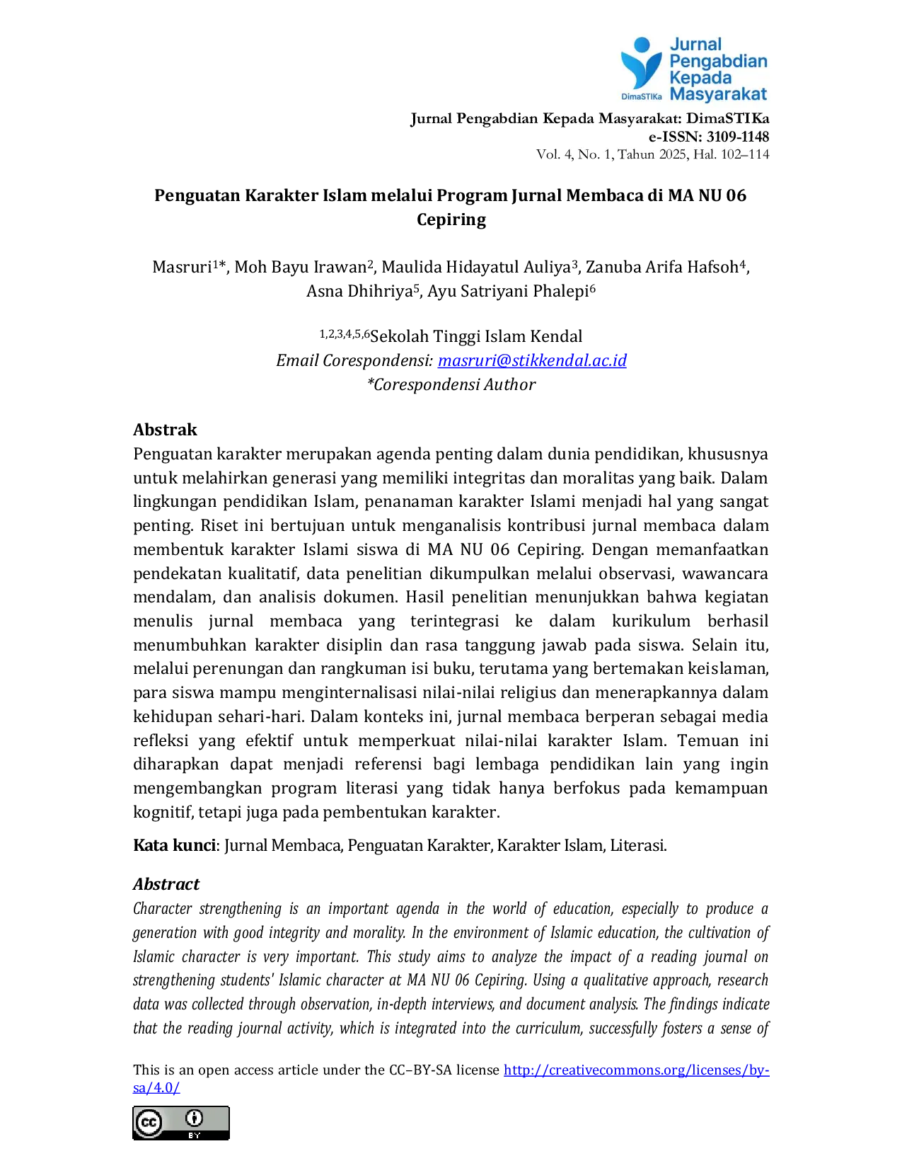 JURIS Penguatan Karakter Islam melalui Program Jurnal Membaca di MA NU 06 Cepiring