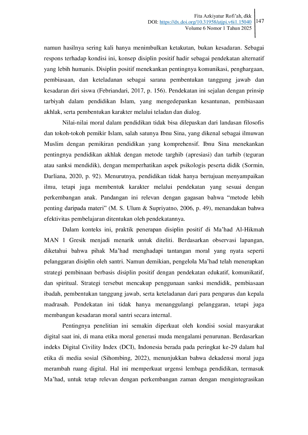 JURIS Analisis Korelasi Pemikiran Ibnu Sina dalam Implementasi Disiplin Positif di Ma had MAN 1 Gresik