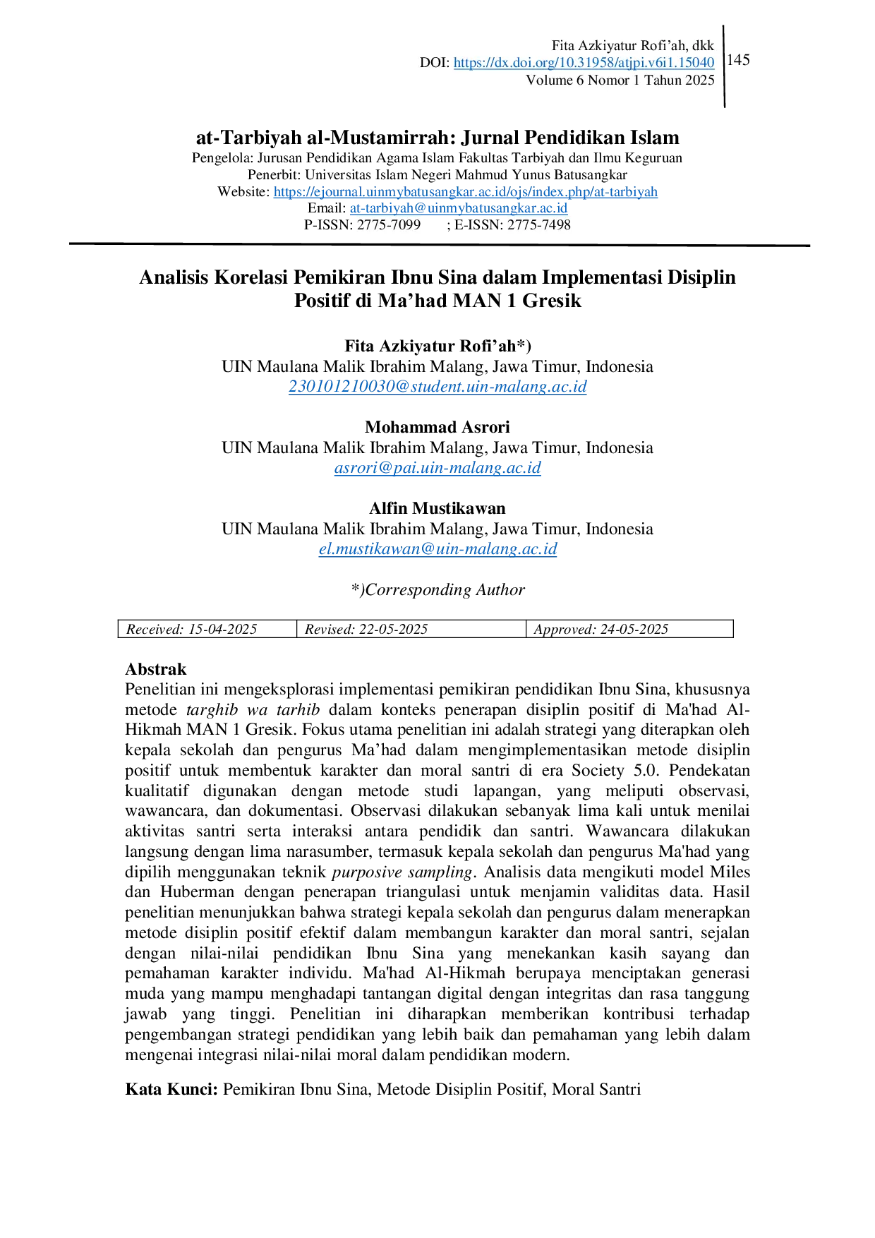 JURIS Analisis Korelasi Pemikiran Ibnu Sina dalam Implementasi Disiplin Positif di Ma had MAN 1 Gresik