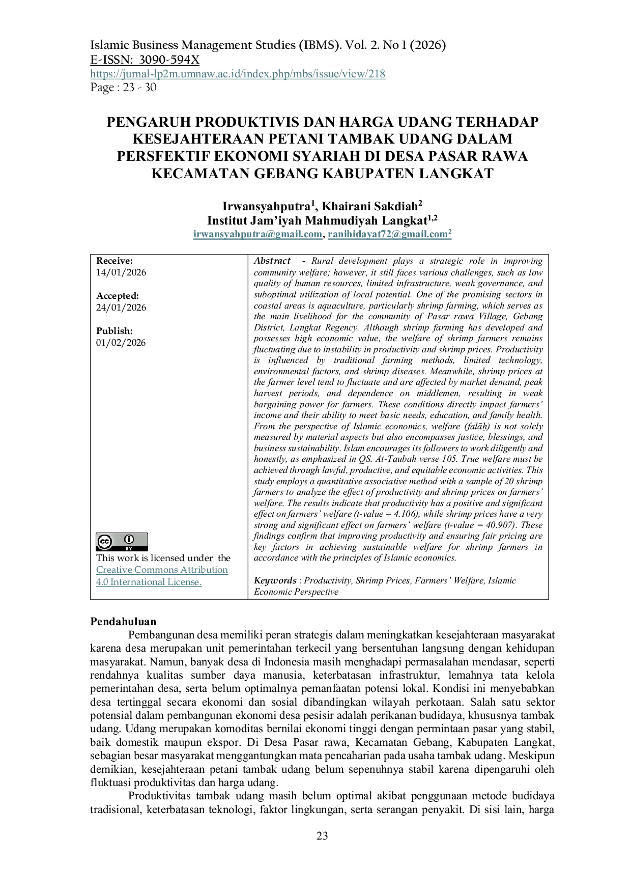 JURIS Pengaruh Produktivitas dan Harga Udang Terhadap Kesejahteraan Petani Tambak Udang dalam Perspektif Ekonomi Syariah di Desa Pasar Rawa Kecamatan Gebang Kabupaten Langkat