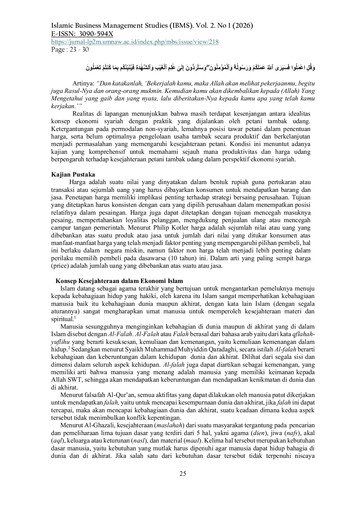 JURIS Pengaruh Produktivitas dan Harga Udang Terhadap Kesejahteraan Petani Tambak Udang dalam Perspektif Ekonomi Syariah di Desa Pasar Rawa Kecamatan Gebang Kabupaten Langkat