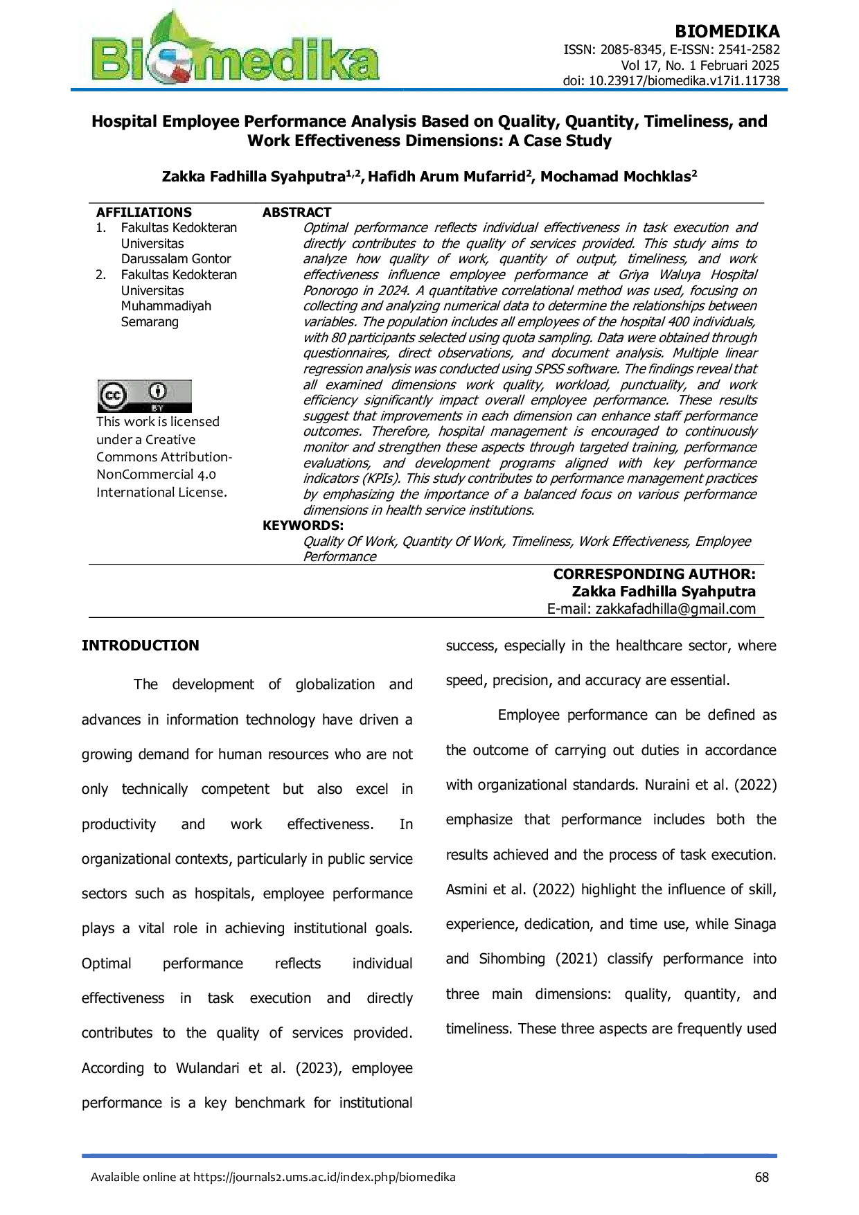 JURIS Analisis Kinerja Karyawan Rumah Sakit Berdasarkan Dimensi Kualitas Kuantitas Ketepatan Waktu Dan Efektivitas Kerja Studi Kasus