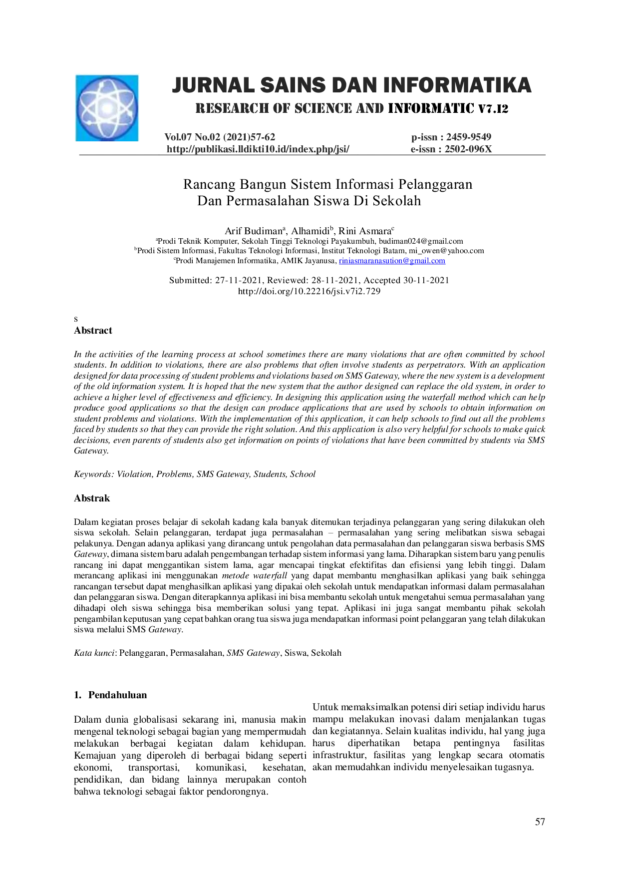 JURIS Rancang Bangun Sistem Informasi Pelanggaran Dan Permasalahan Siswa Di Sekolah