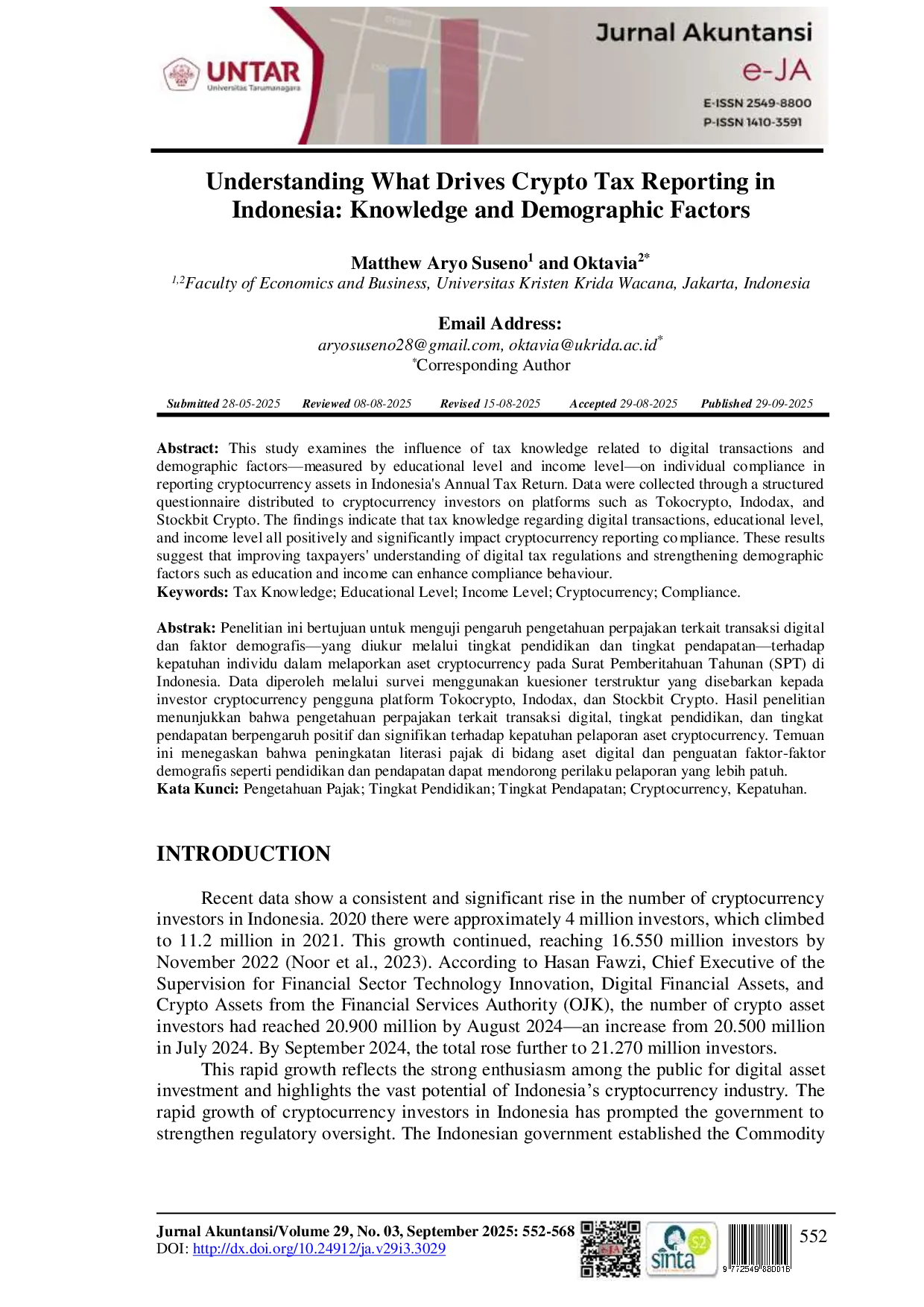 JURIS Understanding What Drives Crypto Tax Reporting in Indonesia Knowledge and Demographic Factors