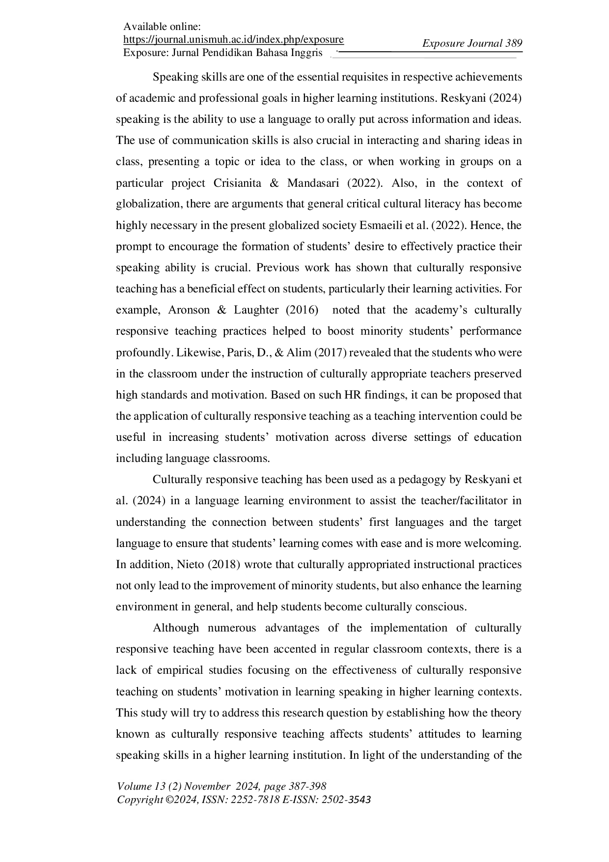 JURIS Students Motivation in Learning Speaking Using Culturally Responsive Teaching Approach in Higher Education