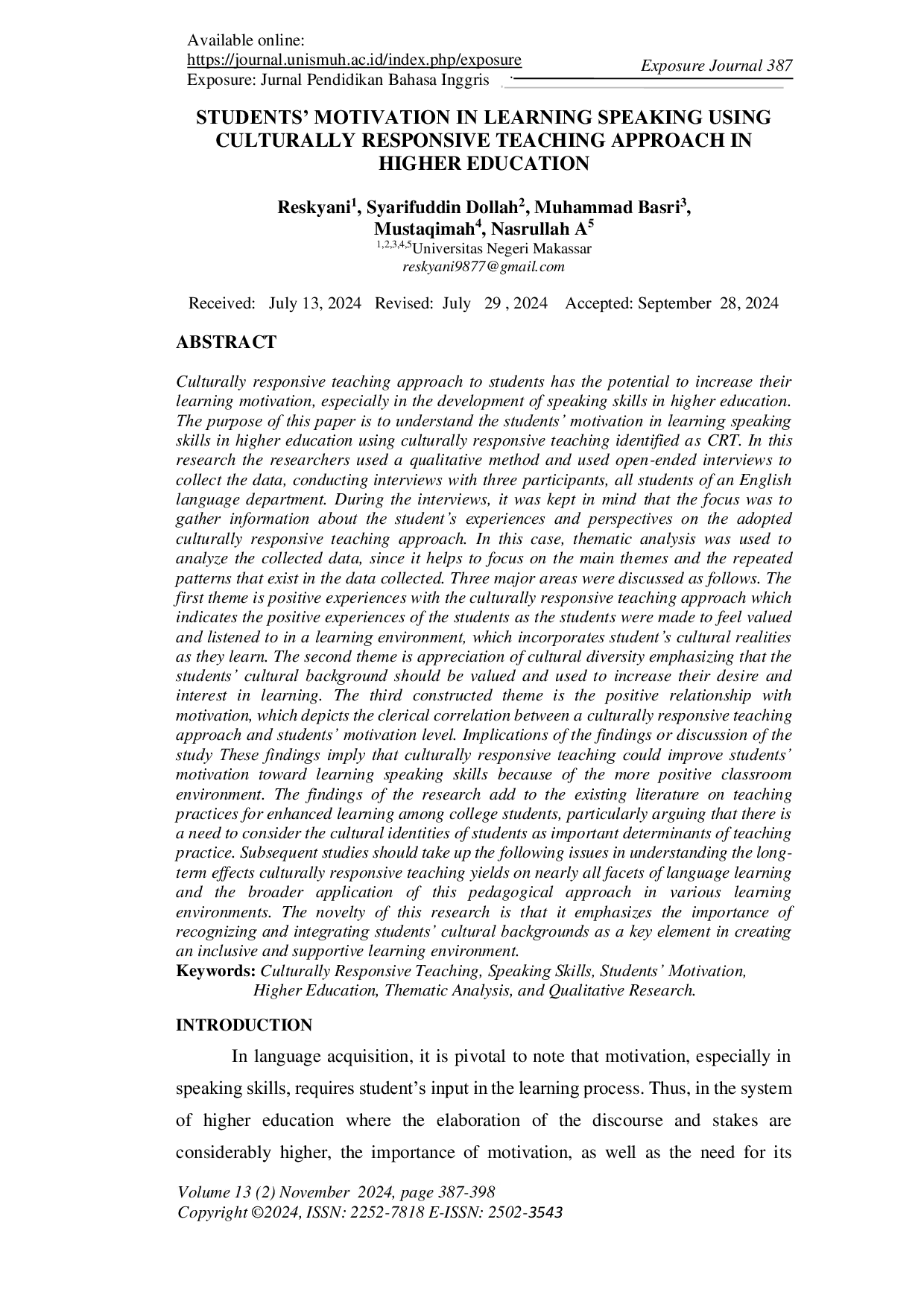 JURIS Students Motivation in Learning Speaking Using Culturally Responsive Teaching Approach in Higher Education