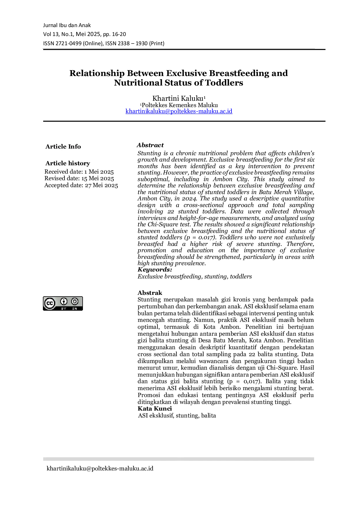JURIS Relationship Between Exclusive Breastfeeding and Nutritional Status of Toddlers