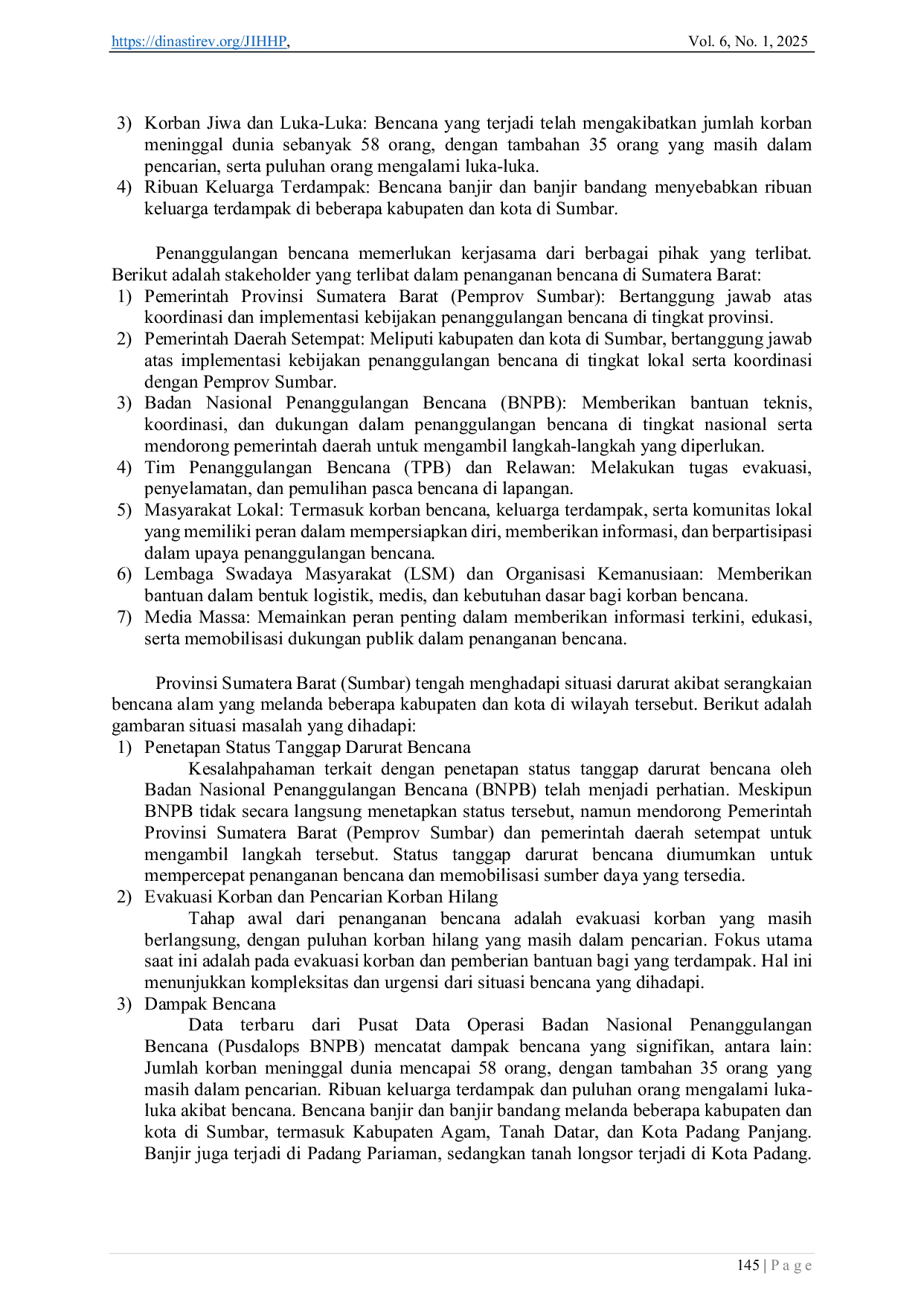 JURIS Kebijakan Pemerintah Provinsi Sumatera Barat Dalam Penanggulangan Bencana Banjir Bandang Lahar Dingin Gunung Marapi Tahun 2024