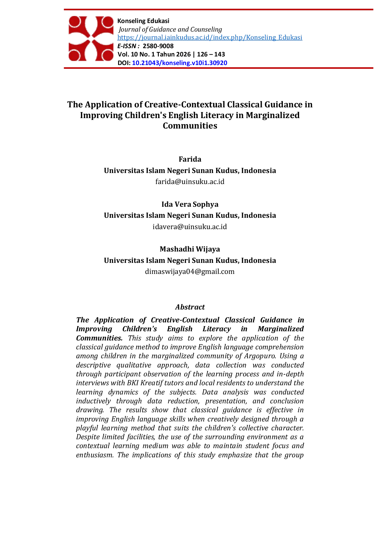 JURIS The Application of Creative Contextual Classical Guidance in Improving Children s English Literacy in Marginalized Communities