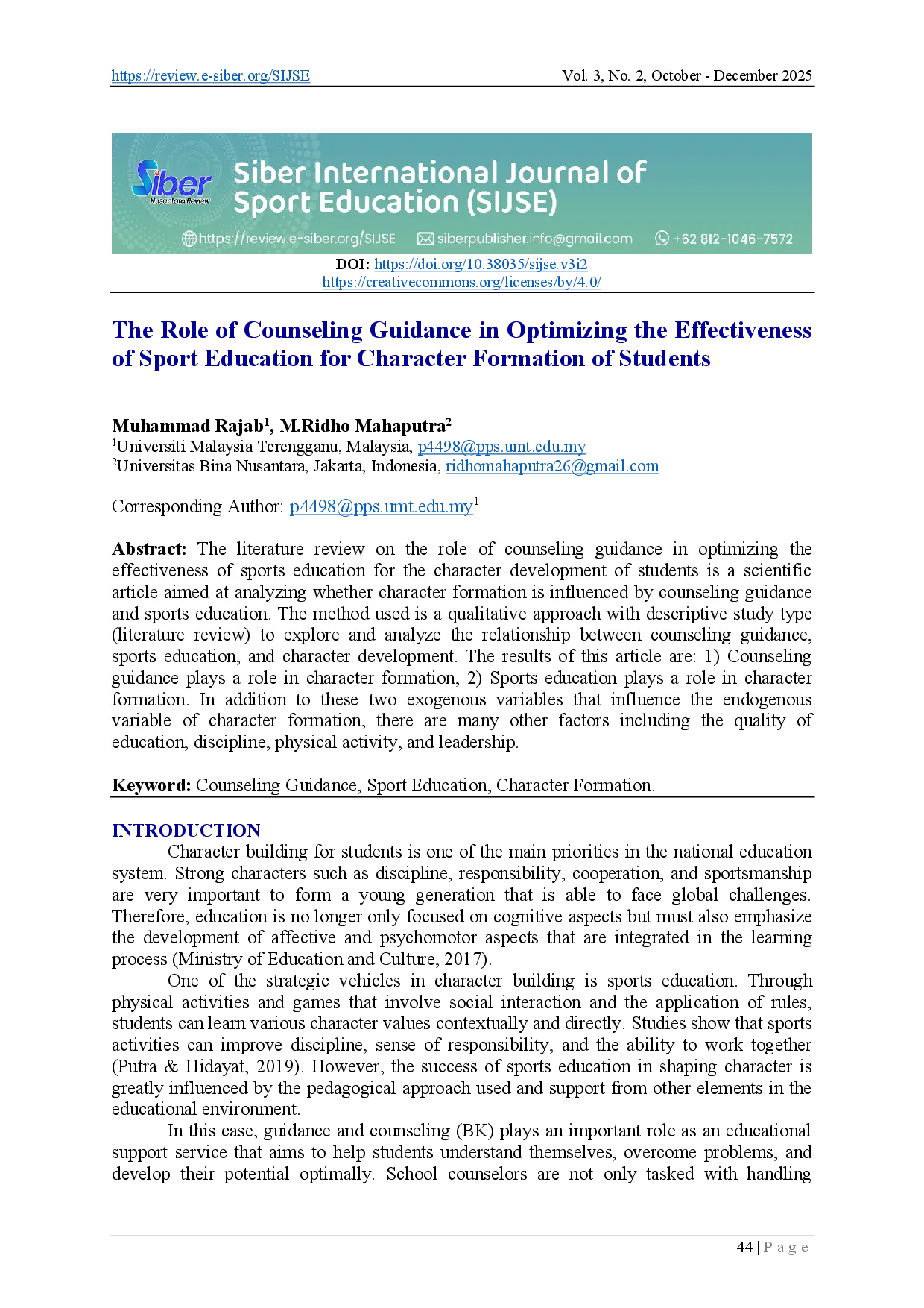 juris The Role of Counseling Guidance in Optimizing the Effectiveness of Sport Education for Character Formation of Students