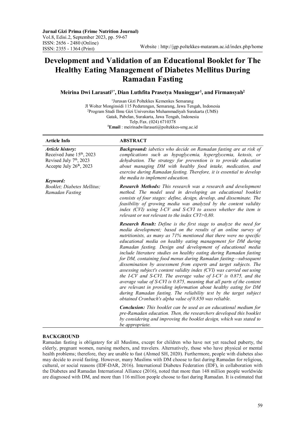 JURIS Development and Validation of an Educational Booklet for The Healthy Eating Management of Diabetes Mellitus During Ramadan Fasting